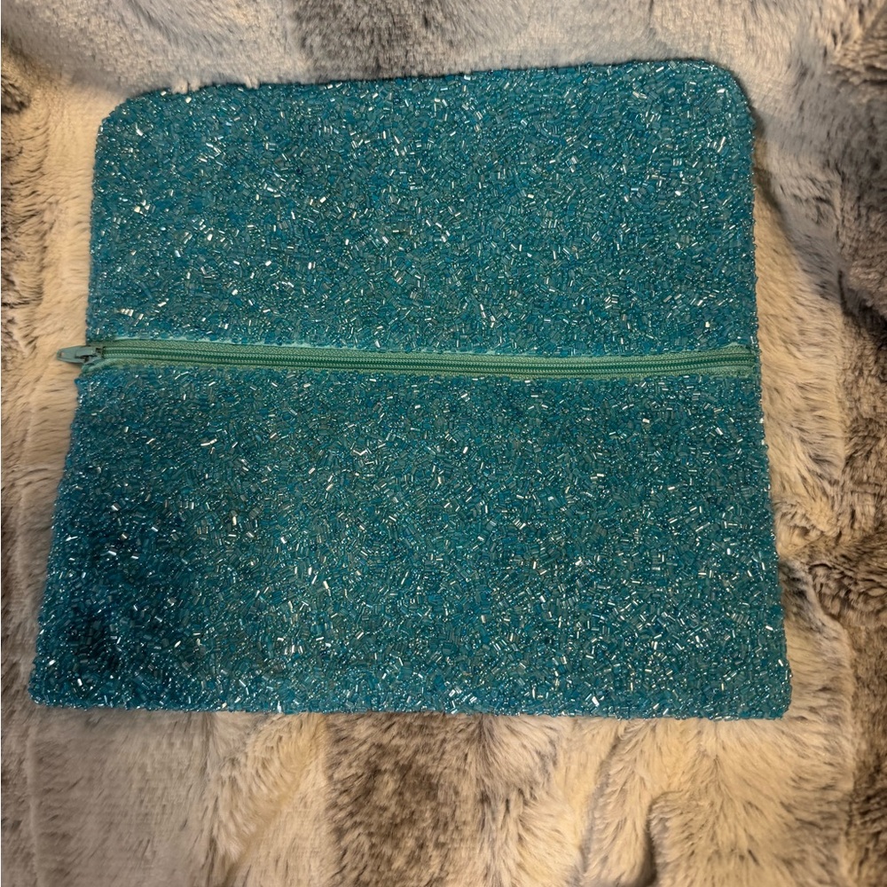 Moyna - Turquoise Blue Orange/Coral Reef Beaded Fold Over Clutch w/Dust Bag EUC - Picture 4 of 10